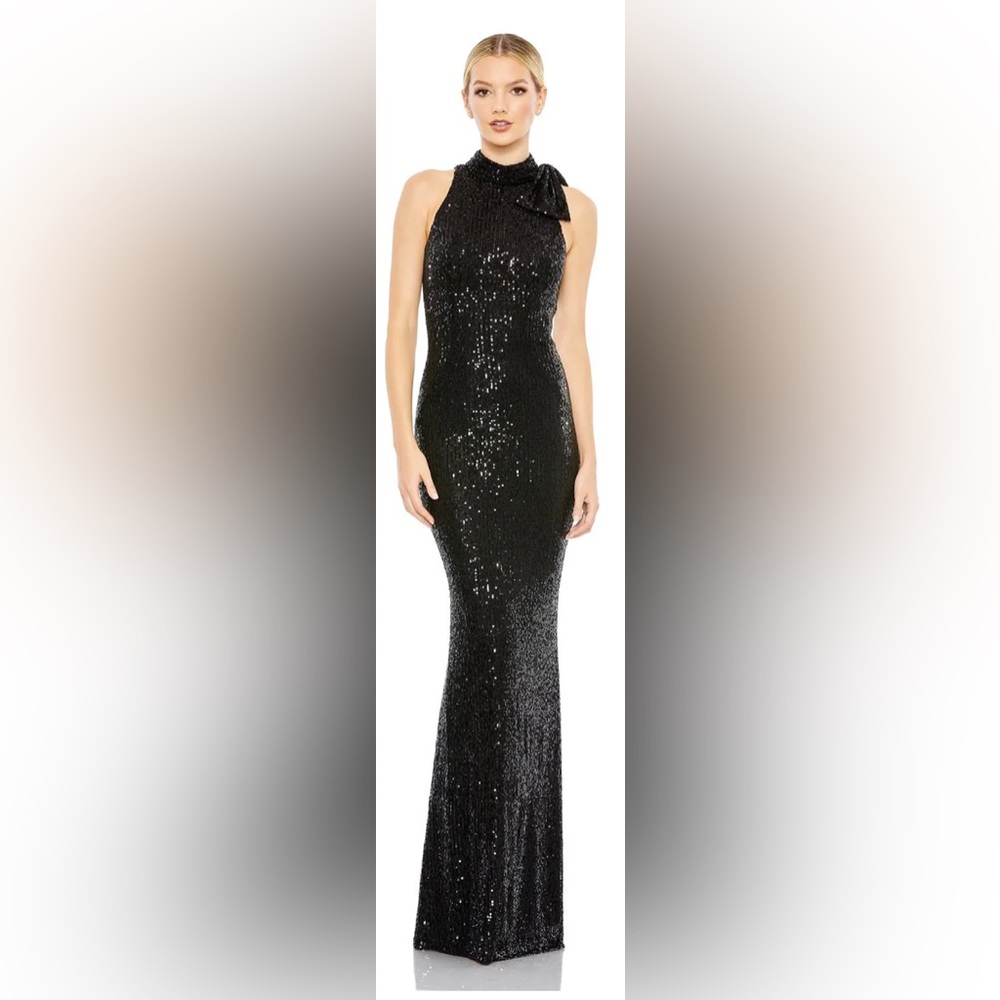 Mac Duggal Sequined Soft Tie Halter Neckline Column Gown